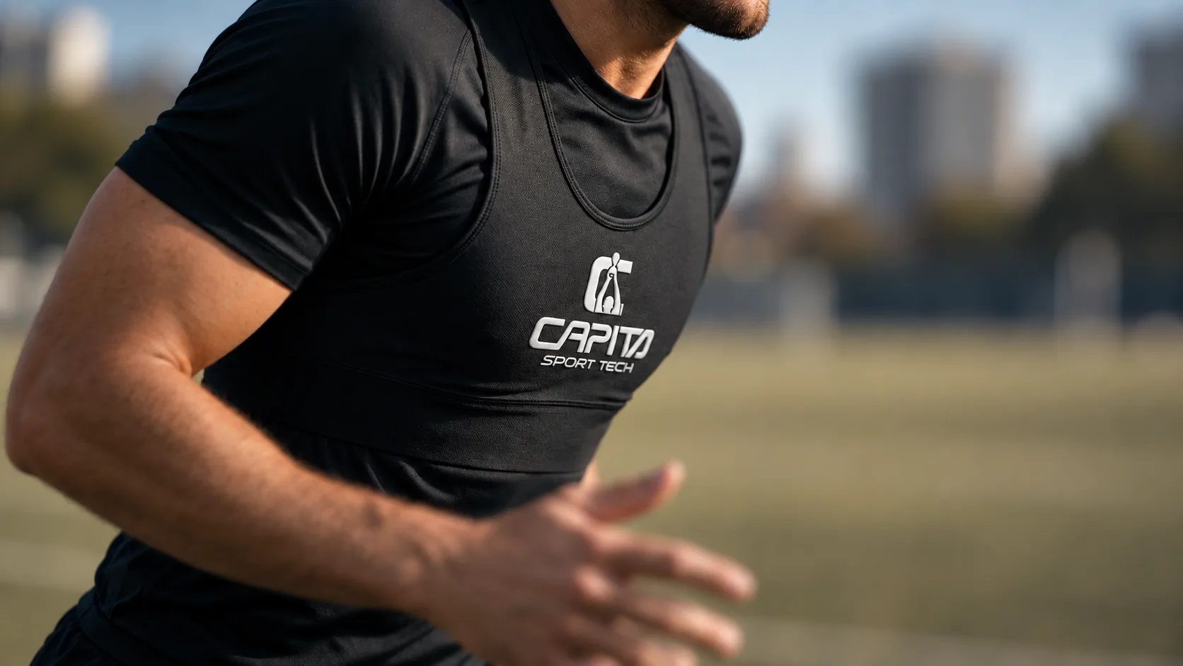 Jogador de futebol em treino, com o colete GPS por baixo da camisa
